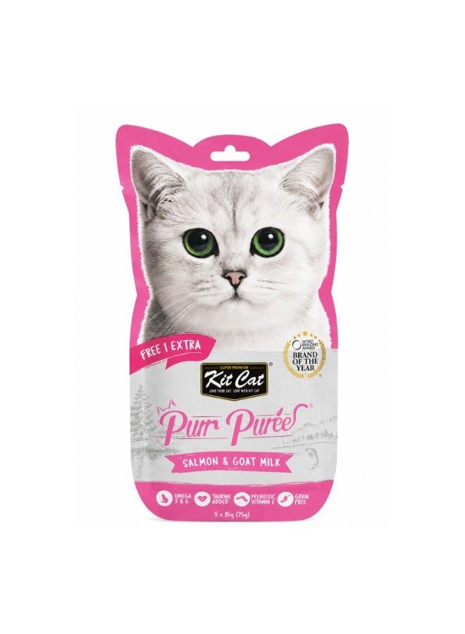 Kit Cat Purr Puree Salmon and Goat Milk Creamy Liquid Cat Treats Grain Free Pack of 5x15g - Image 1