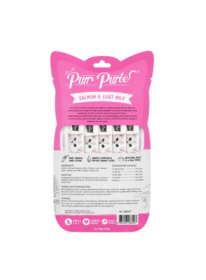 Kit Cat Purr Puree Salmon and Goat Milk Creamy Liquid Cat Treats Grain Free Pack of 5x15g - Image 2