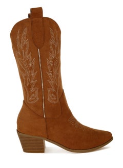 London Rag Embroidery Detail Cowboy Boots in Tan  - Image 1