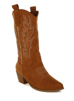London Rag Embroidery Detail Cowboy Boots in Tan  - Image 2