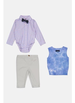 Toddlers Boy 3 Piece Checkered Bodysuit And Pant With Sweater Vest Set, Blue