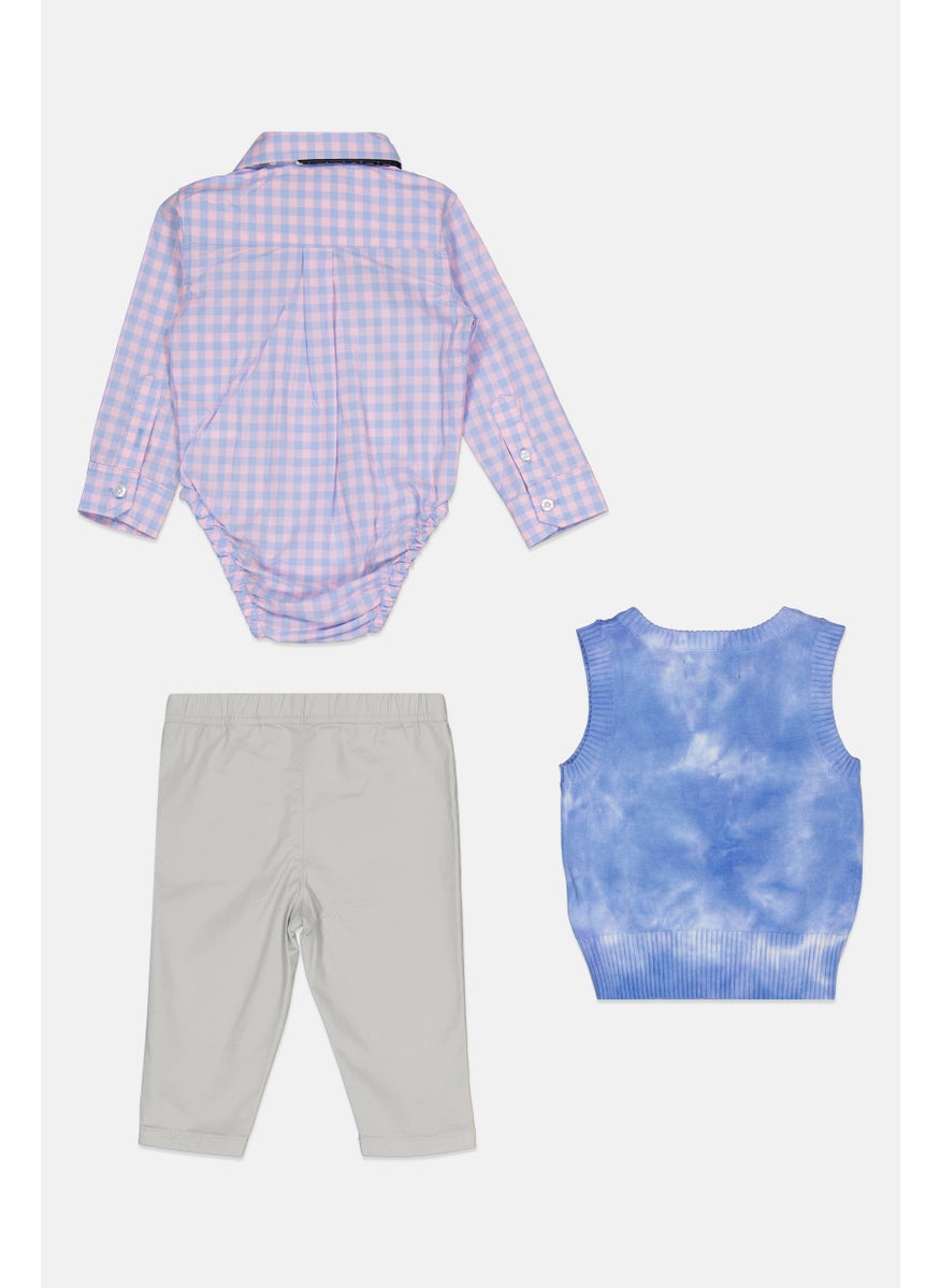 Andy & Evan Toddlers Boy 3 Piece Checkered Bodysuit And Pant With Sweater Vest Set, Blue  - Image 2