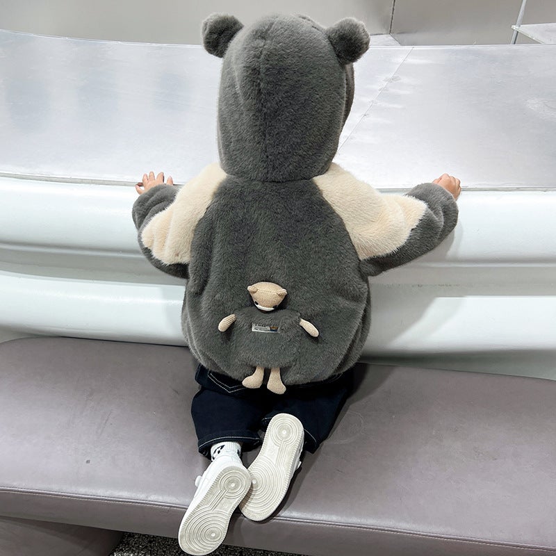 Boys' Fleece-Lined Jacket Children'S Wear Baby'S Fashionable Thickened Cotton-Padded Bear Coat Children'S Woolen Sweater - Image 1