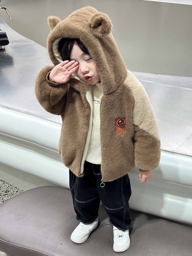 Boys' Fleece-Lined Jacket Children'S Wear Baby'S Fashionable Thickened Cotton-Padded Bear Coat Children'S Woolen Sweater - Image 3