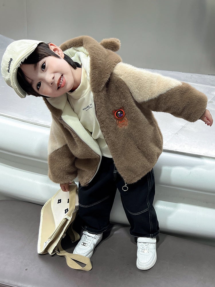 Boys' Fleece-Lined Jacket Children'S Wear Baby'S Fashionable Thickened Cotton-Padded Bear Coat Children'S Woolen Sweater - Image 4