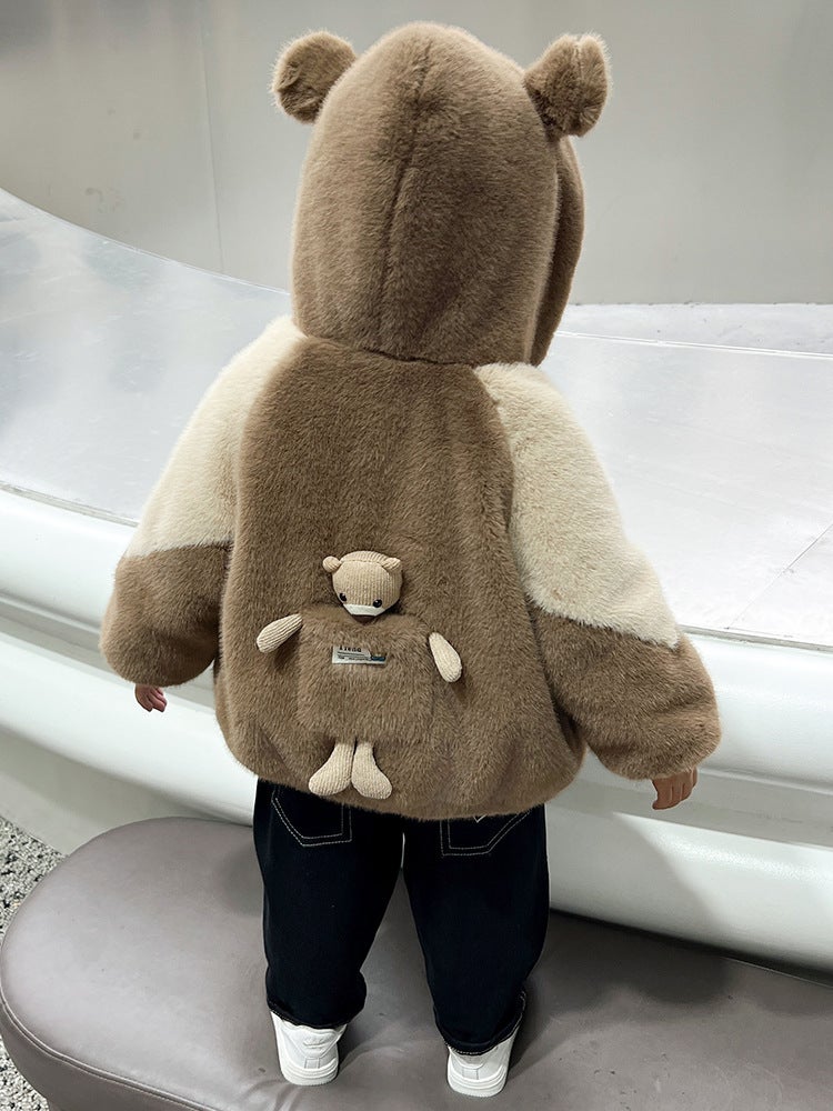 Boys' Fleece-Lined Jacket Children'S Wear Baby'S Fashionable Thickened Cotton-Padded Bear Coat Children'S Woolen Sweater - Image 2