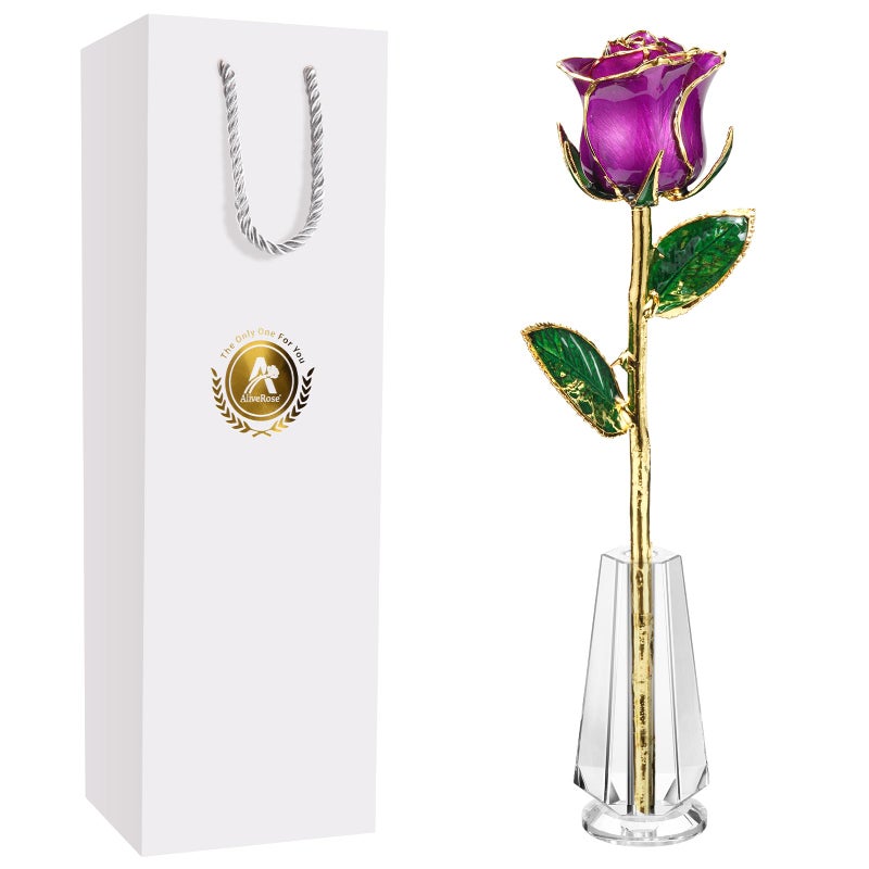 AliveRose Gold Roses 24K Gold Rose Made from Real Rose Unique Design 24K Dipped Rose for Anniversary Valentines Mothers Day Birthday Gifts Purple Original Rose with Crystal Vase