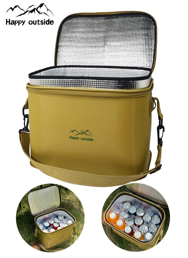 happy outside 18-20L Insulated Cooler Bag, Outdoor Travel Thermal Insulation Bag, Food Refrigeration Cooler Bag, Beverage Storage Ice Pack, Picnic Basket，Lunch Bag，Camping Storage Shoulder Bag Storage Box, Thickened EVA Material, Waterproof, Leak Proof, Dirt Resistant, Durable, Mold Resistant, Antibacterial, Foldable and Portable, suitable for Home Storage and Outdoor Activities such as Hiking, Camping, Picnicking, Family Outings, etc. It can be used to keep food fresh and beverages stored in short-term refrigeration, khaki  - Image 2