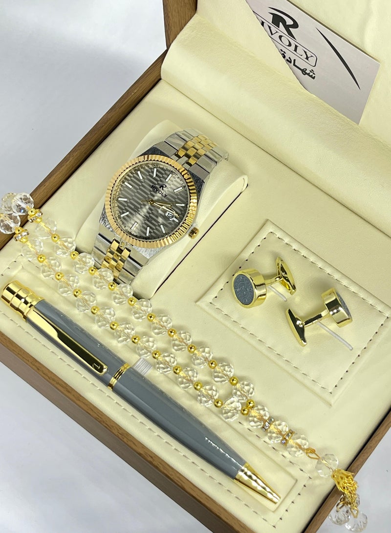 RR A wonderful stainless steel men's set consisting of a watch, a rosary, a pen and cufflinks half steel