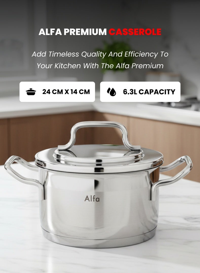 ALFA Stainless Steel Shallow Casserole 24 cm | 6.3 L Capacity | 18/10 Food‑Grade Steel | Triplex Capsule Bottom | Induction & Gas Compatible | With Lid - Image 1