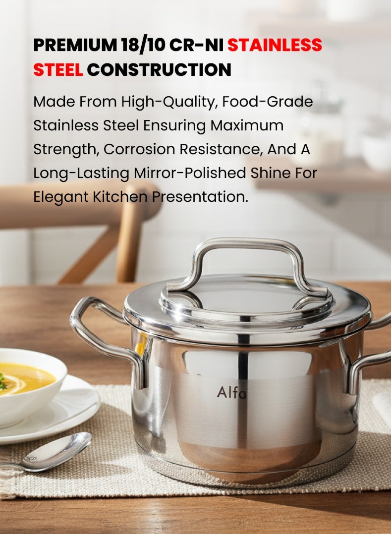 ALFA Stainless Steel Shallow Casserole 24 cm | 6.3 L Capacity | 18/10 Food‑Grade Steel | Triplex Capsule Bottom | Induction & Gas Compatible | With Lid - Image 2