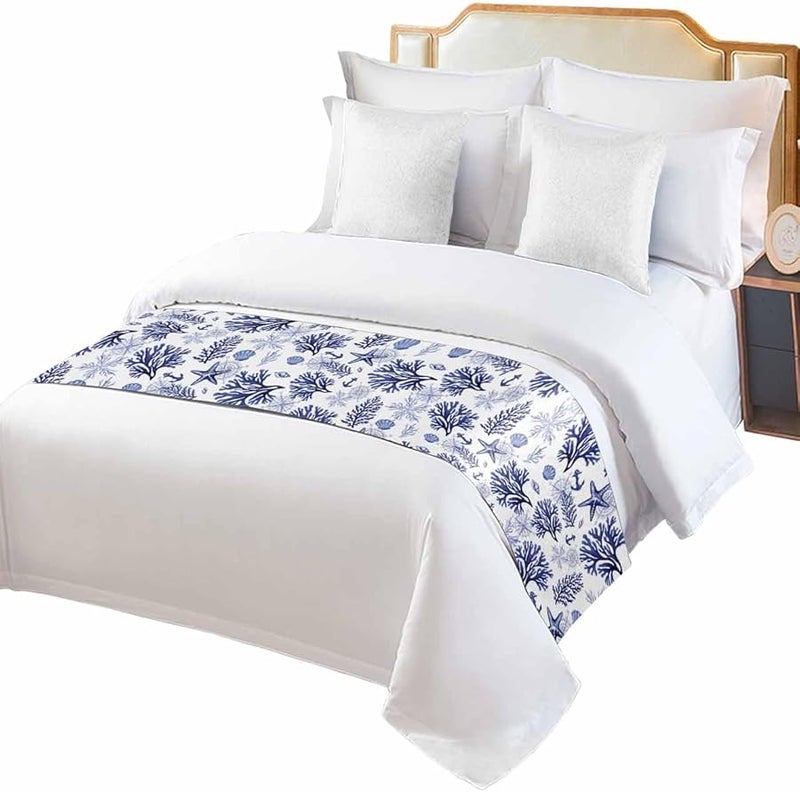 Navy Blue Coastal Bed Runner For King Size Bed 94x20 Inches Beach Nautical Throw Bed Scarf Protector - Image 1