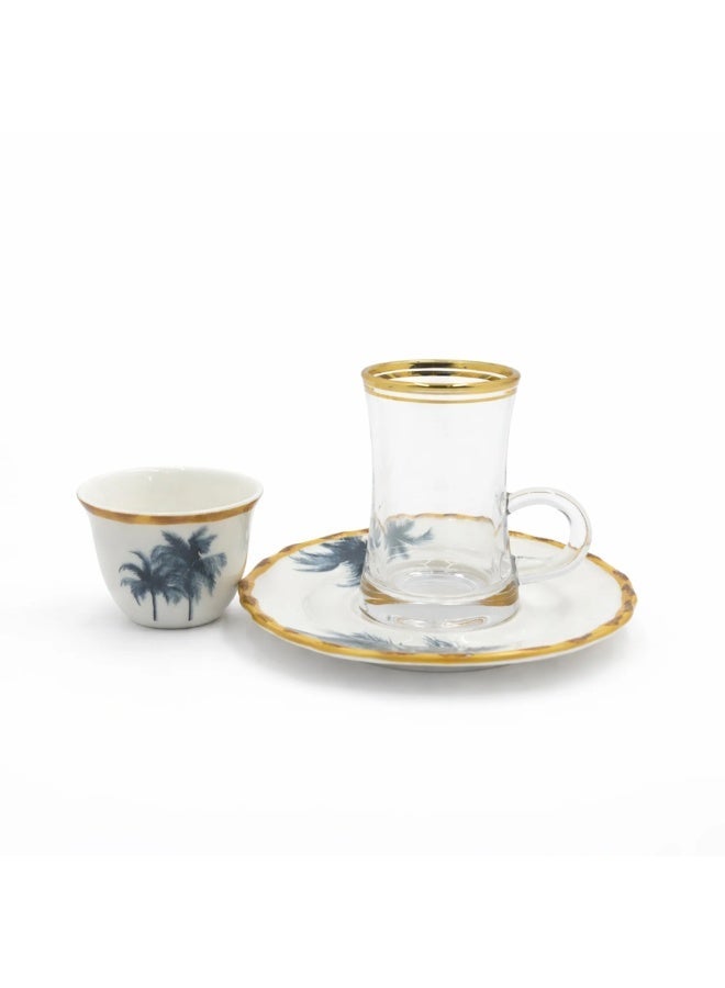 Angela 18 Piece Tea and Coffee Set includes 6 Tea cups, 6 Cawa Cups / Coffee Cups, and 6 Saucers, Blue Palm Leaves Emroidery with Gold Rims, White - Image 1