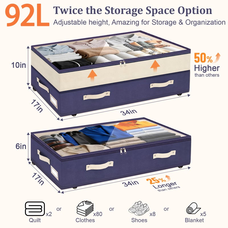 Dolicer 2 Pack Under Bed Storage with Wheels, 6in-10in Height Adjustable Underbed Storage Containers, 92L XXXL Under Bed Drawers Rolling Bin with Clear Lids for Dorm Shoes Clothes Organizers(Blue) - Image 3