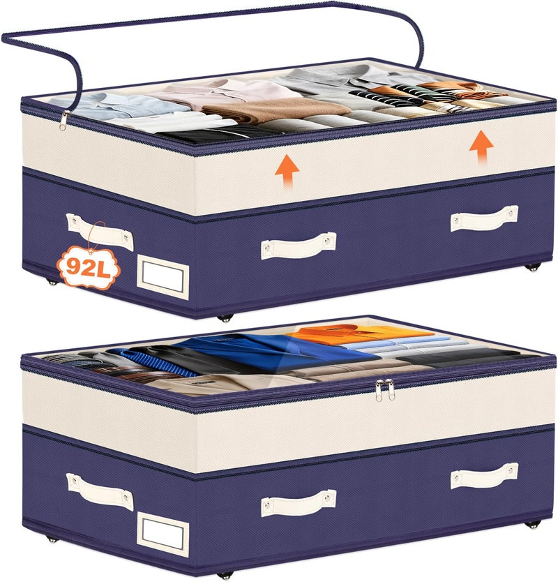 Dolicer 2 Pack Under Bed Storage with Wheels, 6in-10in Height Adjustable Underbed Storage Containers, 92L XXXL Under Bed Drawers Rolling Bin with Clear Lids for Dorm Shoes Clothes Organizers(Blue) - Image 1