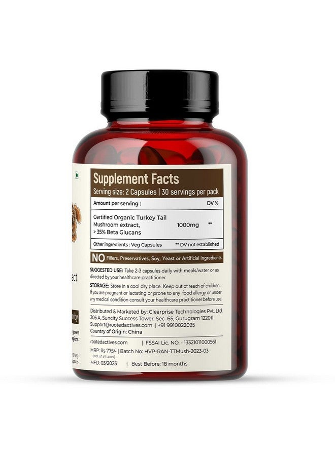 Rooted Rooted Turkey Tail mushroom Extract Capsules (60 Veg Caps, 500 mg) | Heart health, Stress Relief, Liver. USDA Organic, 30% Beta Glucans, Certified organic - Image 2