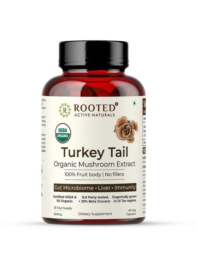 Rooted Rooted Turkey Tail mushroom Extract Capsules (60 Veg Caps, 500 mg) | Heart health, Stress Relief, Liver. USDA Organic, 30% Beta Glucans, Certified organic - Image 1