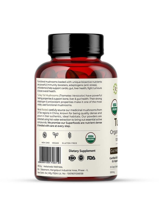 Rooted Rooted Turkey Tail mushroom Extract Capsules (60 Veg Caps, 500 mg) | Heart health, Stress Relief, Liver. USDA Organic, 30% Beta Glucans, Certified organic - Image 3