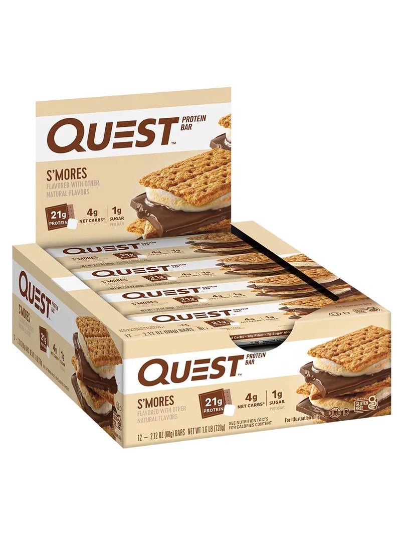 كويست بار بروتين بنكهة سمورز – 21 جم بروتين، منخفض الكربوهيدرات، خالي من الغلوتين – عبوة 12 بار (60 جم لكل بار) - Image 1