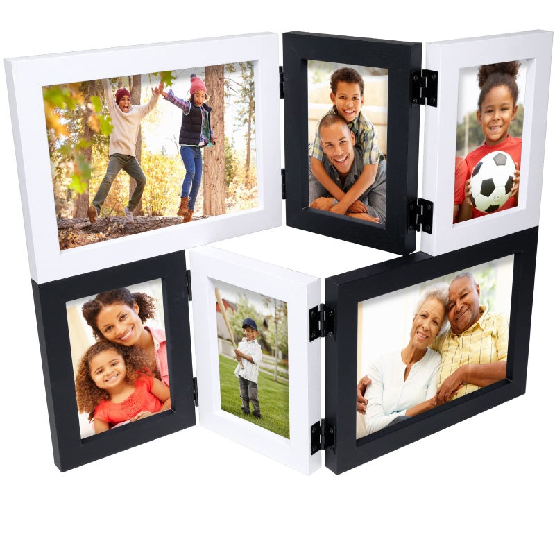 Excello Global Products EXCELLO GLOBAL PRODUCTS Folding Wooden Collage Photo Frame Holds 3x5 and 5x7 Photos Desk Stand or Wall Mount Black and White 