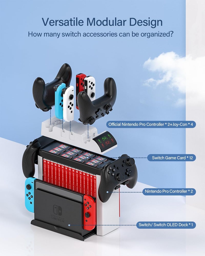Nargos Switch Games Organizer Holder and Charging Dock for Nintendo Switch & Switch OLED Joy-Cons/Pro Controller - Switch Storage Rack Stand Accessories kit - Image 2