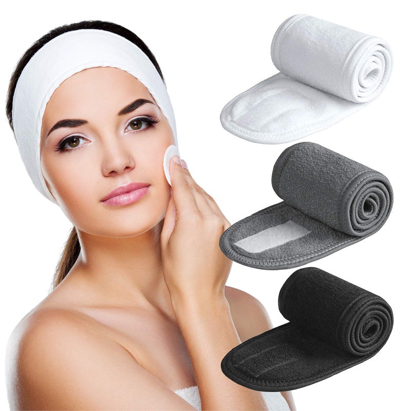 DENFANY Denfany Spa Headband 3 Pack Ultra Soft Adjustable Face Wash Headband Terry Cloth Stretch Make Up Wrap for Face Washing Shower Facial Mask Yoga Black  White  Grey 