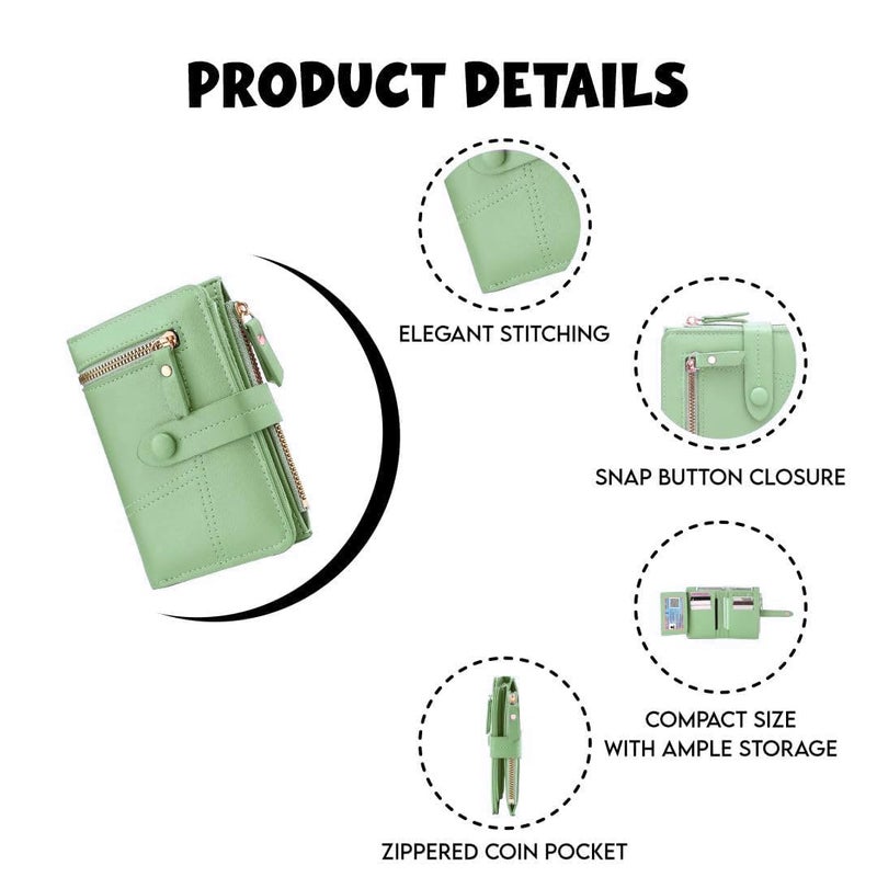 Elios Women's Wallet Vegan Leather Bifold Small Card Holder Coin Holder Compact Ladies Purse with 12 Card Slots, Zipper Pocket and RFID Blocking | Snap Closure | Mini Purse for Women (Light Green) - Image 3