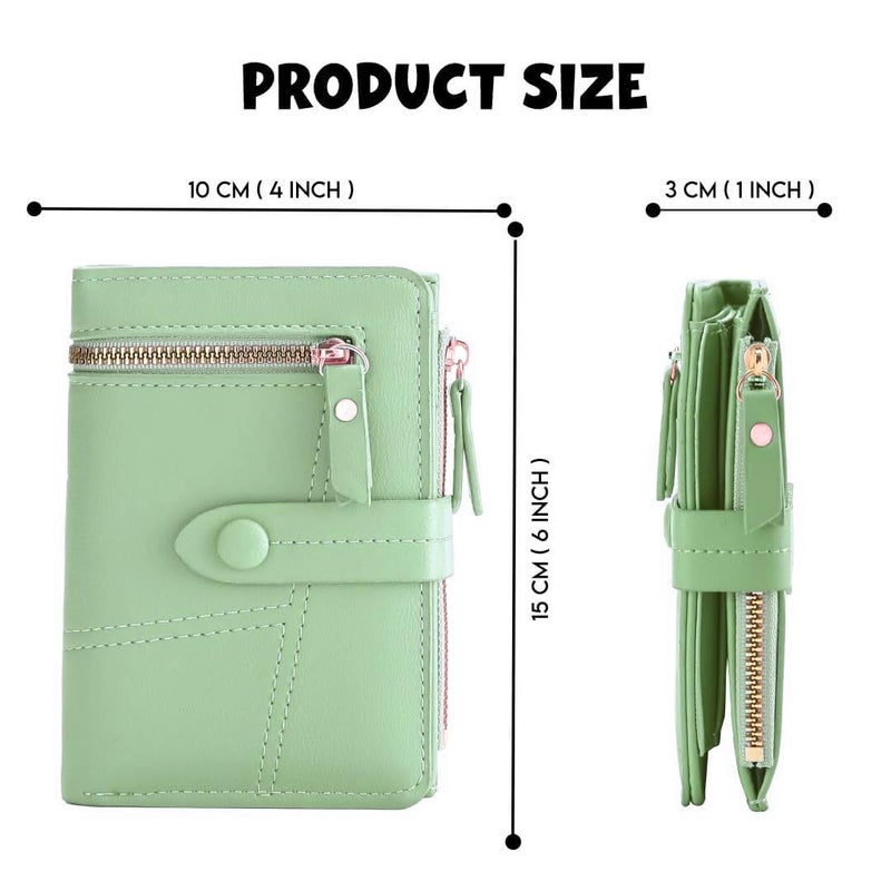 Elios Women's Wallet Vegan Leather Bifold Small Card Holder Coin Holder Compact Ladies Purse with 12 Card Slots, Zipper Pocket and RFID Blocking | Snap Closure | Mini Purse for Women (Light Green) - Image 2