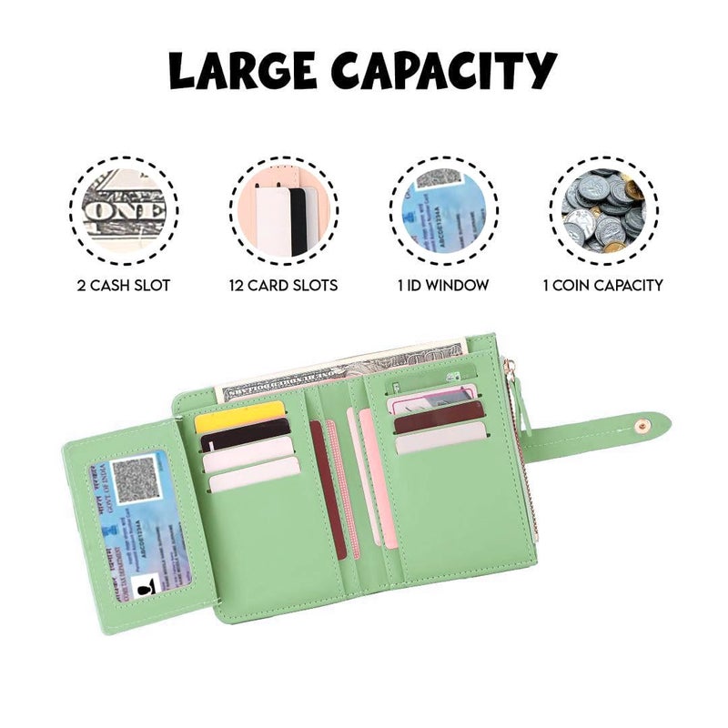 Elios Women's Wallet Vegan Leather Bifold Small Card Holder Coin Holder Compact Ladies Purse with 12 Card Slots, Zipper Pocket and RFID Blocking | Snap Closure | Mini Purse for Women (Light Green) - Image 4