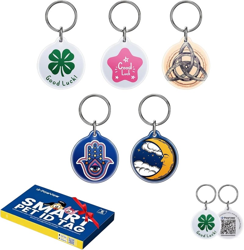 PawView QR Code Pet ID Tags for Dogs & Cats [5-Pack] Luck Charm Design, Waterproof, Smart Personalized Dog Tags with Modifiable Profile & Emergency Contact,QR for Instant Location Alerts - Image 1