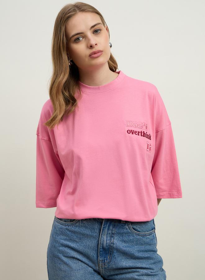Styli Women Pink Slogan Embroidered Dropped Shoulder Oversized T-Shirt - Image 1