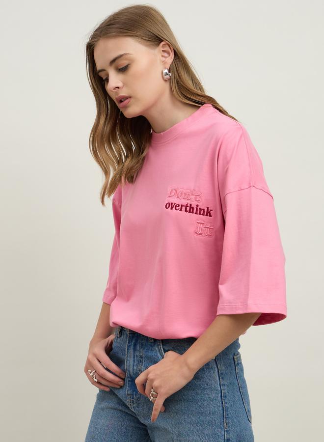 Styli Women Pink Slogan Embroidered Dropped Shoulder Oversized T-Shirt - Image 3