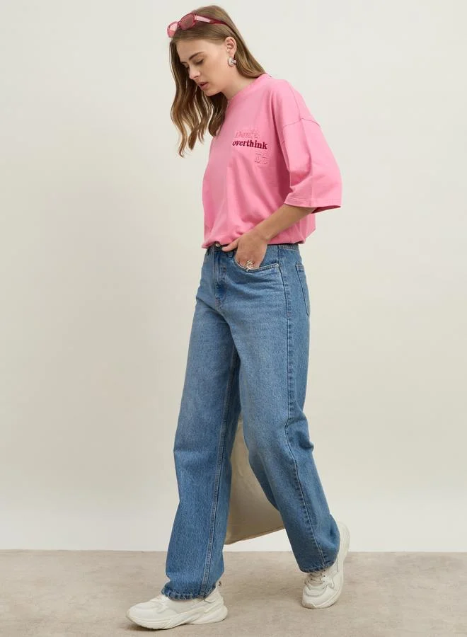 Styli Women Pink Slogan Embroidered Dropped Shoulder Oversized T-Shirt