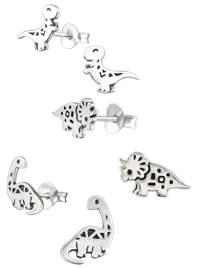 آيسروز مجموعة أقراط ICYROSE من الفضة الإسترليني عيار 925، مكونة من 3 أزواج، بتصميمات ديناصورات متنوعة وأصدقائها من العصر الجوراسي (خالية من النيكل)، تشمل: تي ريكس، تيرانوصور، براكيوصور، ترايسيراتوبس - Image 1