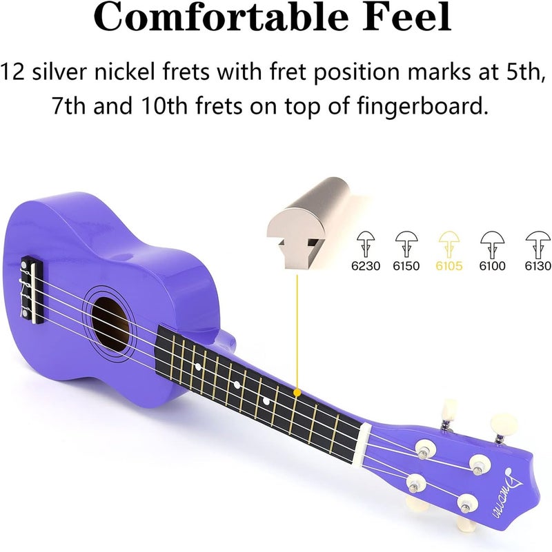 Amdini 21 Inch Ukulele for Beginners Basswood Soprano Ukelele Kit for Kids Adult Student Starter Mini Guitar Ukalelee Pack Bundle with Book Gig Bag Tuner Strap Picks Nylon Strings (Deep Purple) - Image 5