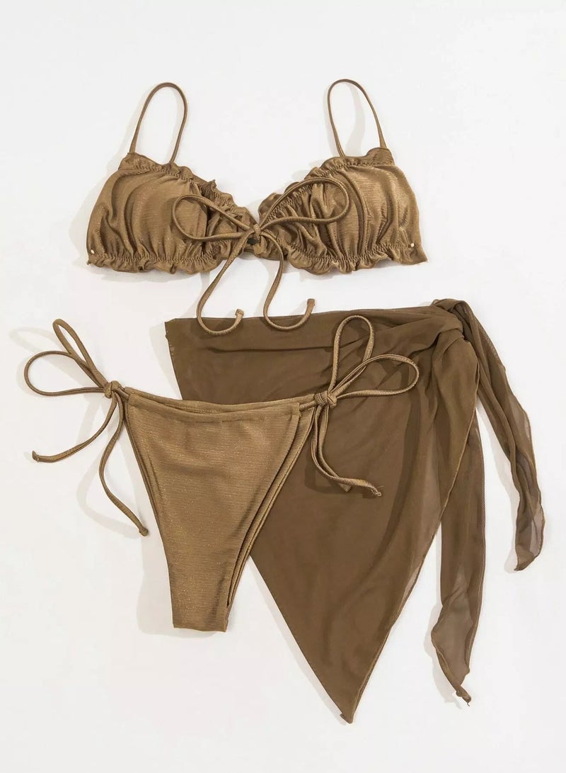 Generic 3pack Rib Frill Trim Thong Bikini Swimsuit & Beach Skirt - Image 3