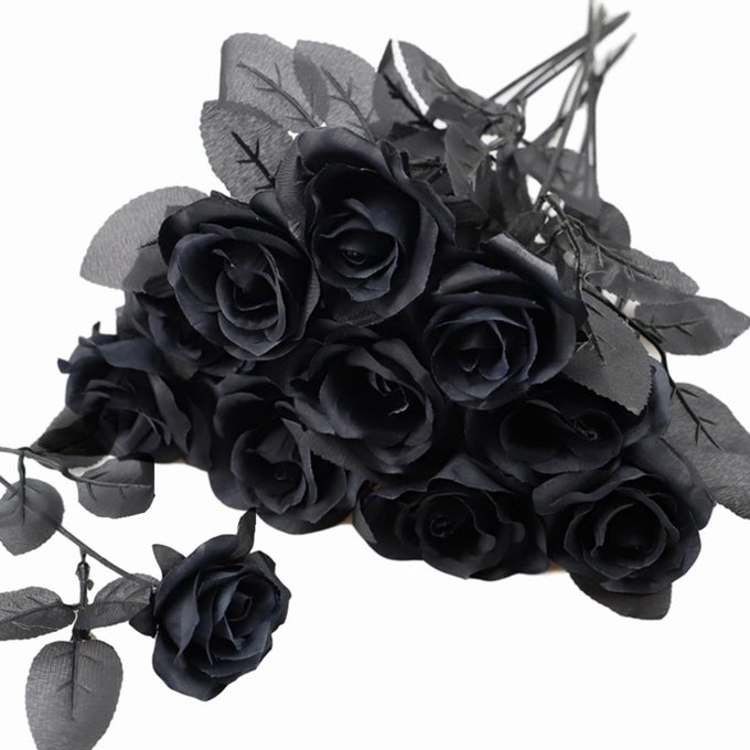 10PCS BLACK ROSES ARTIFICIAL FLOWERS WITH STEMS FAUX SILK FLOWERS BRIDAL GOTHIC WEDDING BOUQUET REALISTIC BLOSSOM FLORA FOR HOME OFFICE HOTEL DECORATIONS