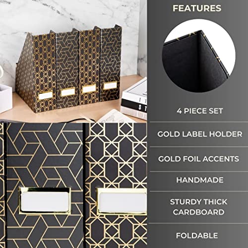 BLU MONACO Set of 4 Stylish Black & Gold Geometric Magazine File Holders with Gold Label Holders – Desk or Bookshelf Storage for Home, Office, Classroom Organization and Décor - Image 5