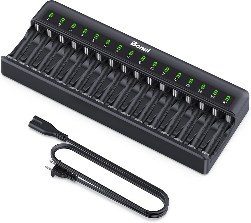 BONAI AA AAA Battery Charger 16 Bay for NiMH Rechargeable Batteries Independent Control with LED Light and Standard American AC Charging Plug, Battery not Included - Black - Image 1