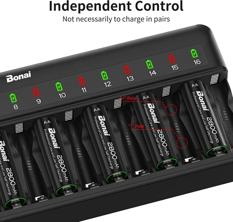 BONAI AA AAA Battery Charger 16 Bay for NiMH Rechargeable Batteries Independent Control with LED Light and Standard American AC Charging Plug, Battery not Included - Black - Image 3
