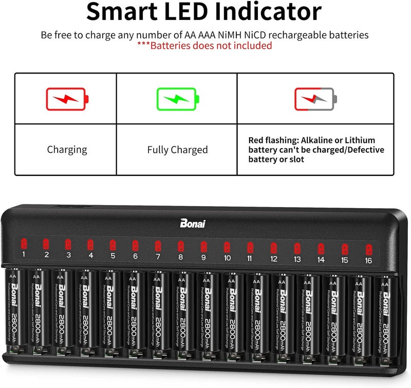 BONAI AA AAA Battery Charger 16 Bay for NiMH Rechargeable Batteries Independent Control with LED Light and Standard American AC Charging Plug, Battery not Included - Black - Image 2