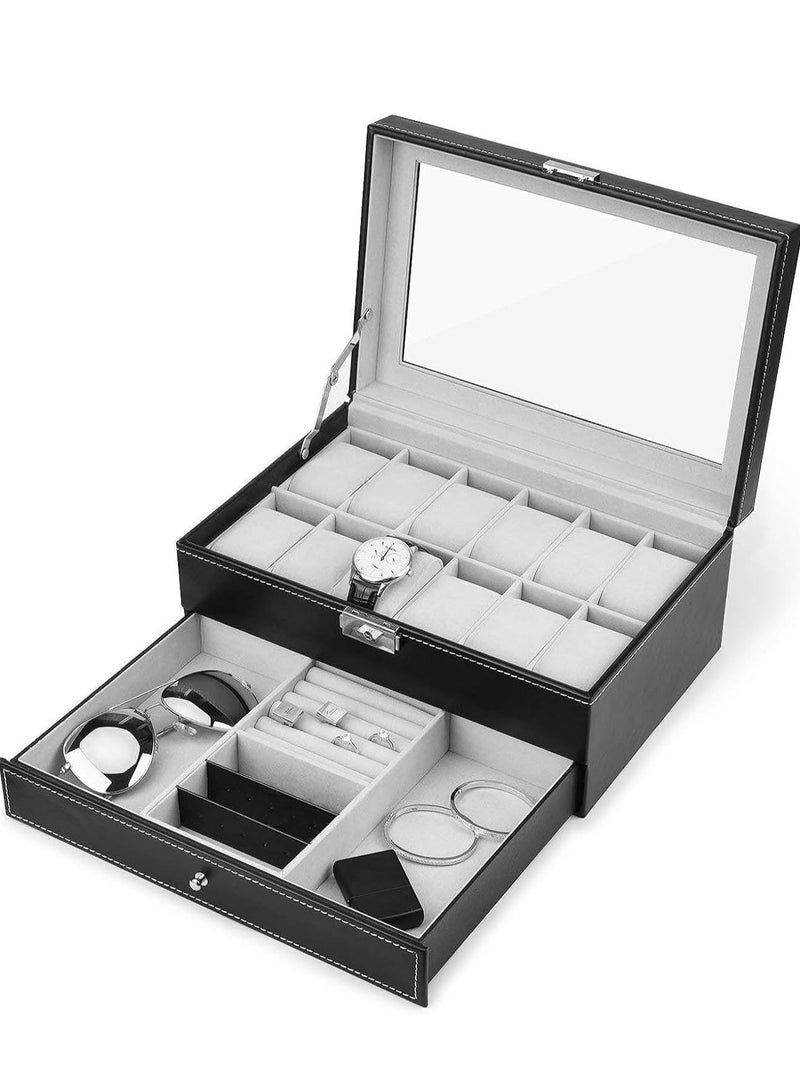 LIMOS Double Layer Jewelry Box with Drawer Case For Watch, Black - Image 1