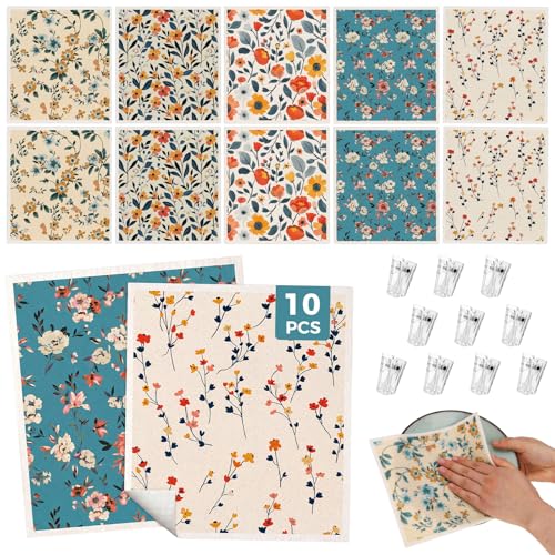 wlich Swedish Dishcloths, 10PCS Reusable Soft Kitchen Towels Dish Cloths Set with Clips, Non-Scratch Dish Rags for Washing Dishes, Washable Swedish Dish Cloths for Kitchen, No Odor(Plant) - Image 1