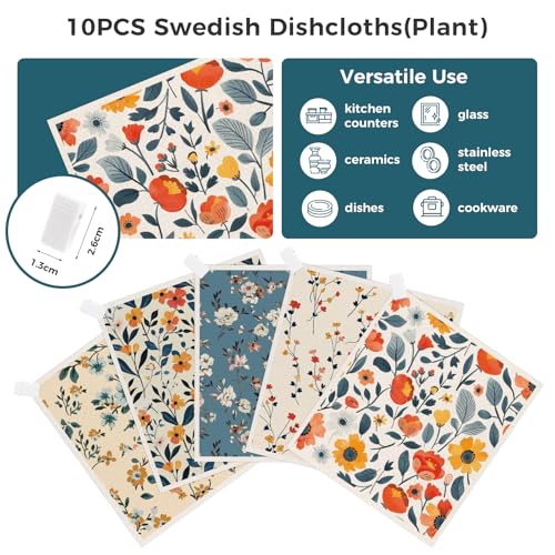 wlich Swedish Dishcloths, 10PCS Reusable Soft Kitchen Towels Dish Cloths Set with Clips, Non-Scratch Dish Rags for Washing Dishes, Washable Swedish Dish Cloths for Kitchen, No Odor(Plant) - Image 3