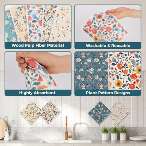 wlich Swedish Dishcloths, 10PCS Reusable Soft Kitchen Towels Dish Cloths Set with Clips, Non-Scratch Dish Rags for Washing Dishes, Washable Swedish Dish Cloths for Kitchen, No Odor(Plant) - Image 4