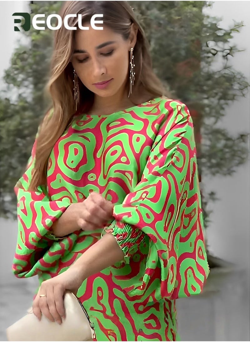 ريوكل طقم نسائي مكون من قطعتين بطبعة عصرية، بلوزة مطبوعة برقبة دائرية، تنورة طويلة، خصر مرتفع، فساتين صيفية، ملابس كاجوال، بدلة صيفية فضفاضة بمقاس كبير - Image 5