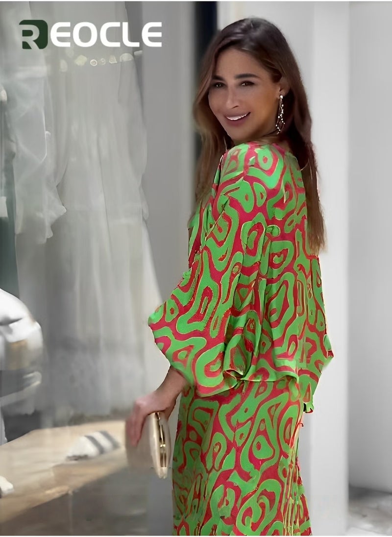 ريوكل طقم نسائي مكون من قطعتين بطبعة عصرية، بلوزة مطبوعة برقبة دائرية، تنورة طويلة، خصر مرتفع، فساتين صيفية، ملابس كاجوال، بدلة صيفية فضفاضة بمقاس كبير - Image 4