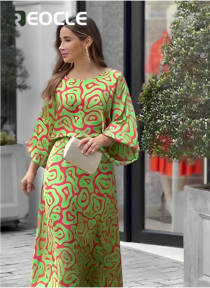 ريوكل طقم نسائي مكون من قطعتين بطبعة عصرية، بلوزة مطبوعة برقبة دائرية، تنورة طويلة، خصر مرتفع، فساتين صيفية، ملابس كاجوال، بدلة صيفية فضفاضة بمقاس كبير - Image 3