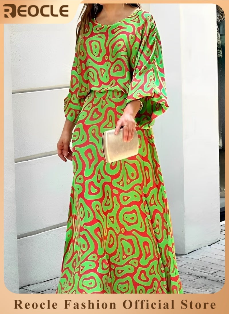 ريوكل طقم نسائي مكون من قطعتين بطبعة عصرية، بلوزة مطبوعة برقبة دائرية، تنورة طويلة، خصر مرتفع، فساتين صيفية، ملابس كاجوال، بدلة صيفية فضفاضة بمقاس كبير - Image 1