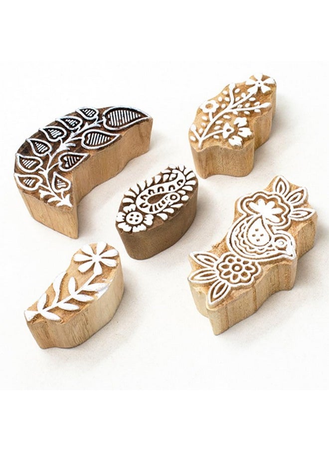 Hashcart | Set Of 5 | Wooden Indian Traditional Design Printing Stamps/Blocks For Printing Saree Border/Dresses/Craft Card Making/Scrapbook/Clay Pottery  - Image 1